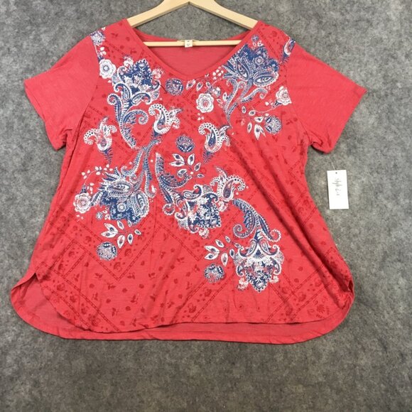 Style Co Top 0X Short Sleeve Knit V Neck Floral Bandana Print Red Paisley Blue - Picture 1 of 13